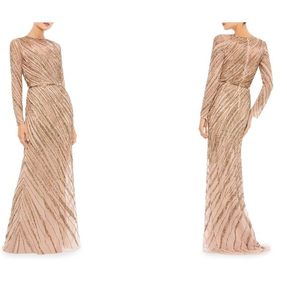 Mac Duggal Dresses & Skirts - NWT Mac Duggal Bugle Beaded Long-Sleeve Column Gown in Mocha SZ 16